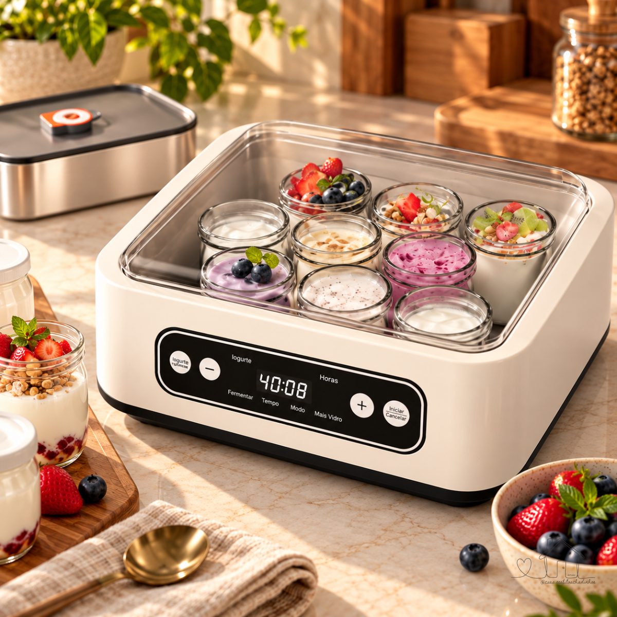 Máquina de Iogurte Multifuncional 1,6L Inox 304 Aquecimento PTC com 9 Copos de Vidro