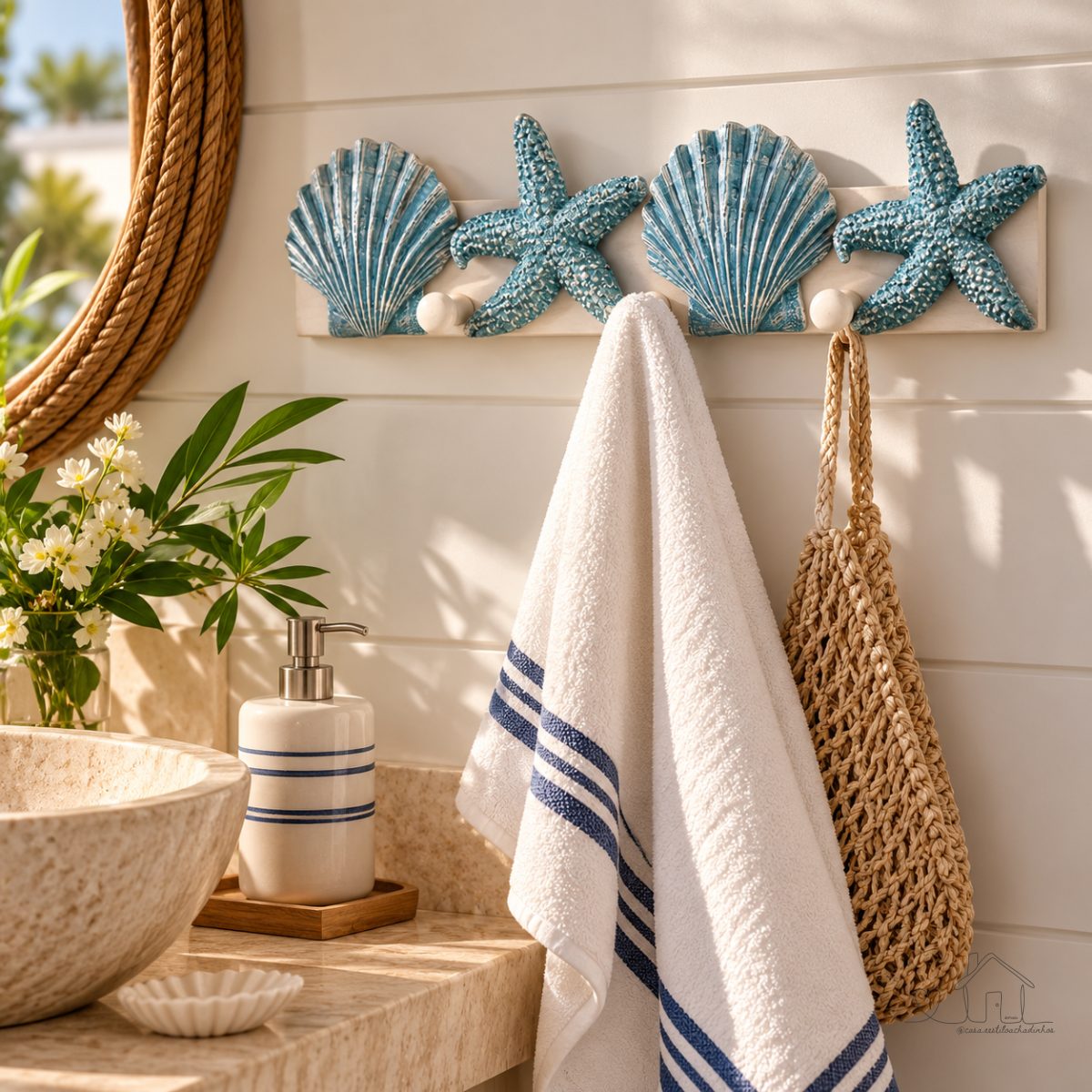 Cabideiro e Porta-chaves Conchas e Estrelas Branco e Azul em Madeira e Resina 39x9,5x5,5 cm