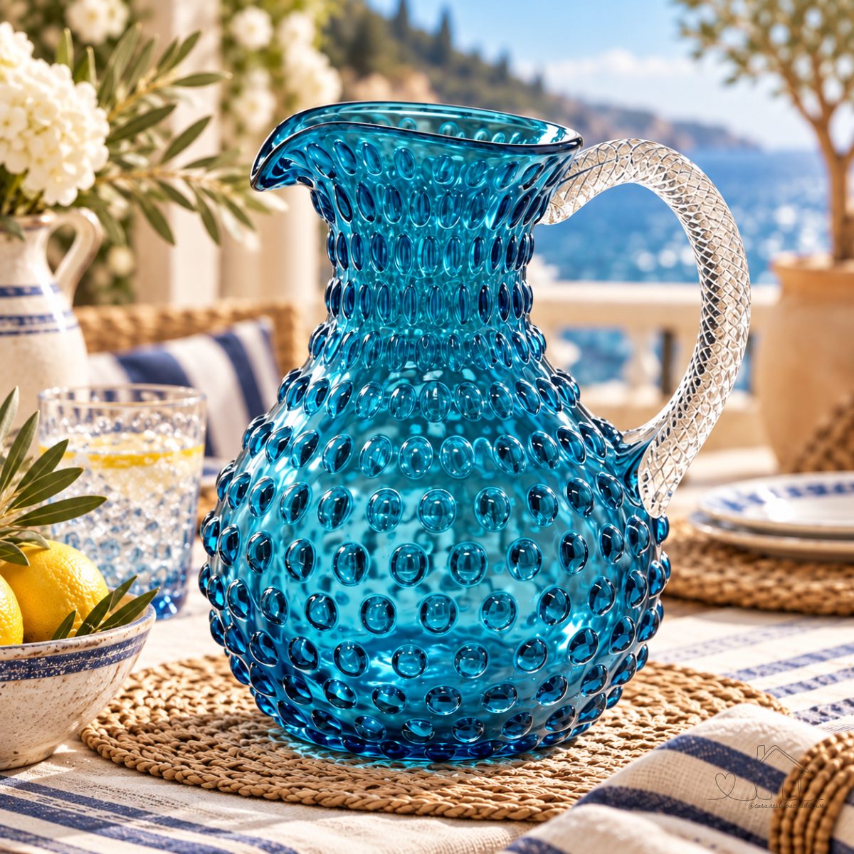 Jarra de Vidro Azul com Alça Detalhe Relevos 1700ml