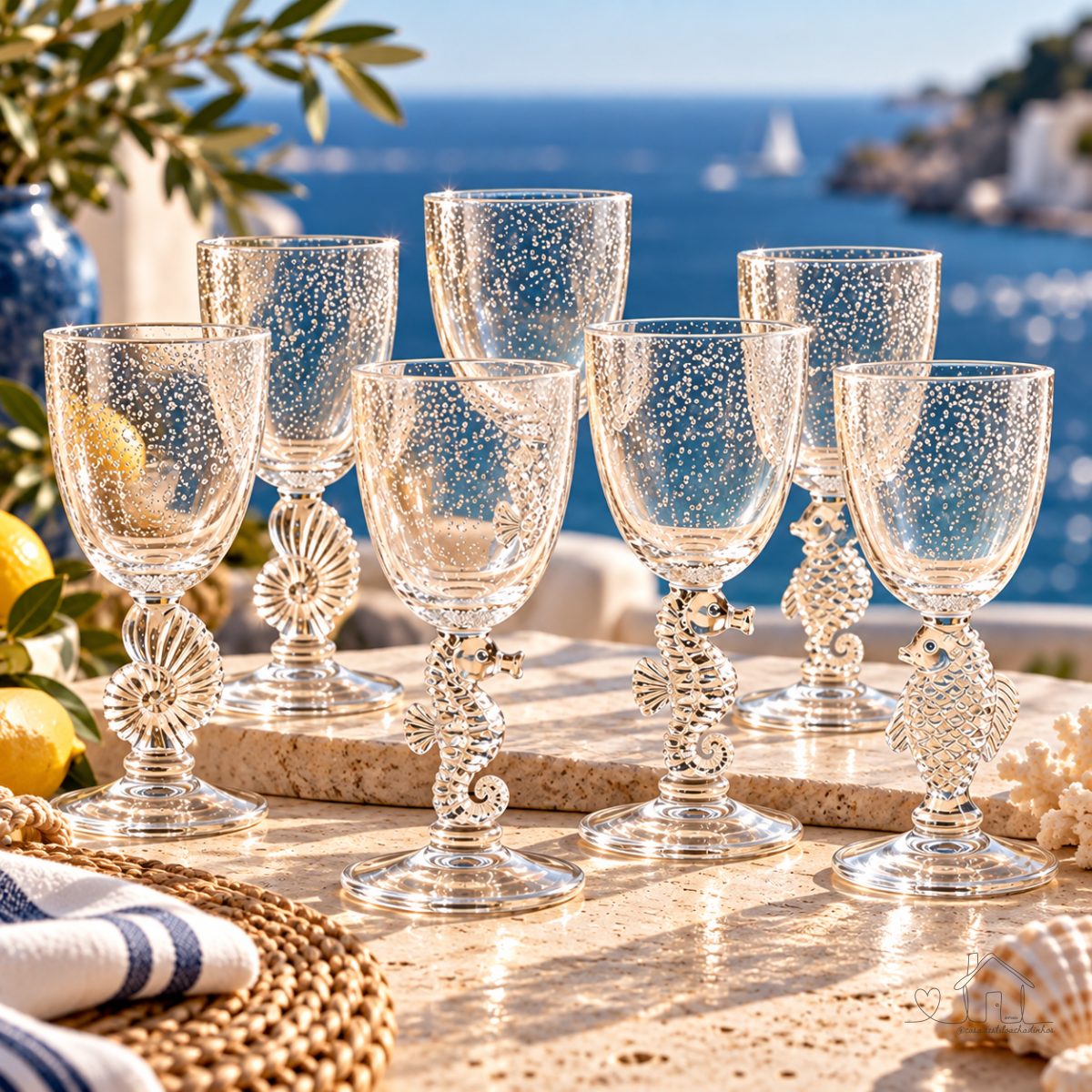 Jogo de 6 Taças Água Vinho Fundo do Mar e Bolhas em Acrílico Transparente Peixe Cavalo Marinho Concha