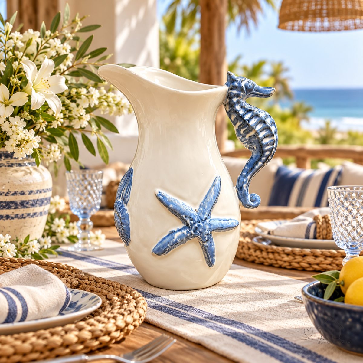 Vaso Estilo Jarra em Cerâmica Branco e Detalhes Fundo do Mar Azul 17x12.5x22cm