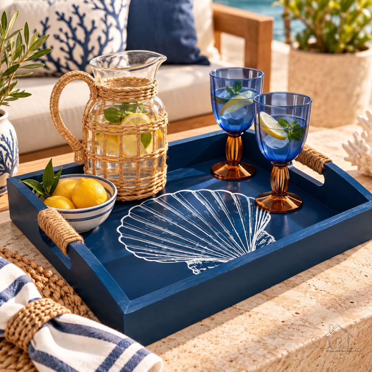 Bandeja Azul Concha Branca em Madeira 35x25 cm Decoração Náutica Praia