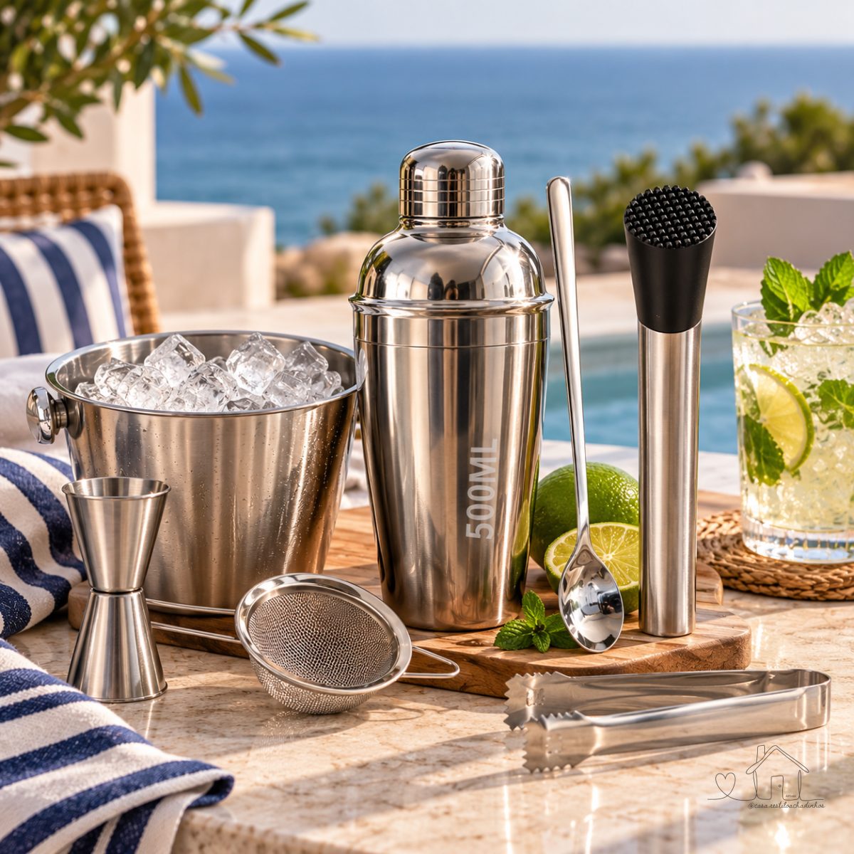 KIT Caipirinha Bartender 7 Pç Inox Coqueteira Socador Dosador Balde Colher Pegador Peneira Completo