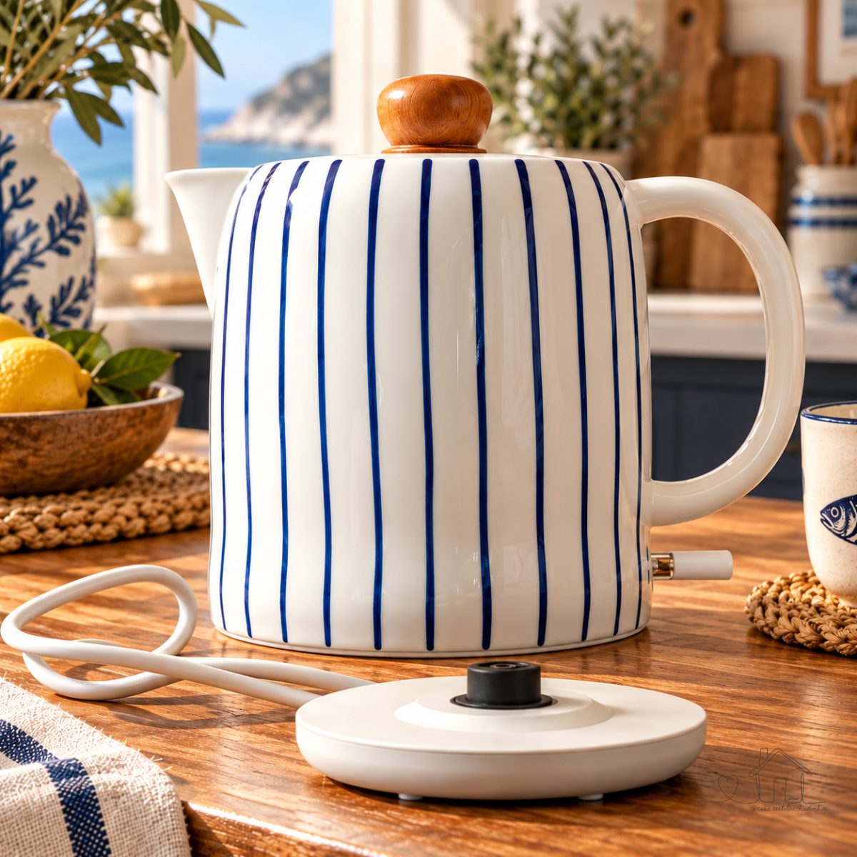 Chaleira Eletrica de Porcelana Branca Com Azul 1 Litro 220v