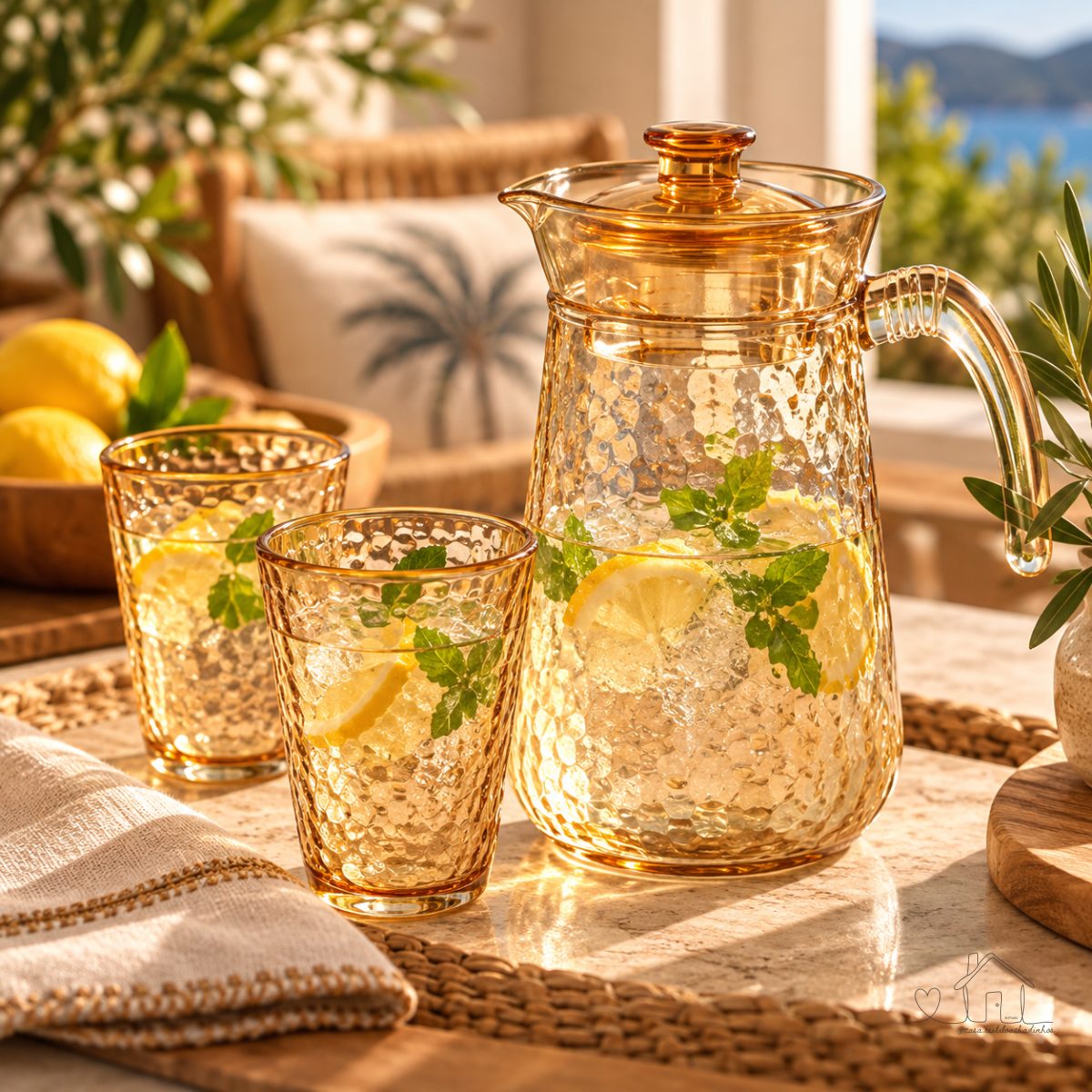 Kit Jarra 1l Com 6 Copos 200ml Vidro Âmbar 7 Peças Bebidas