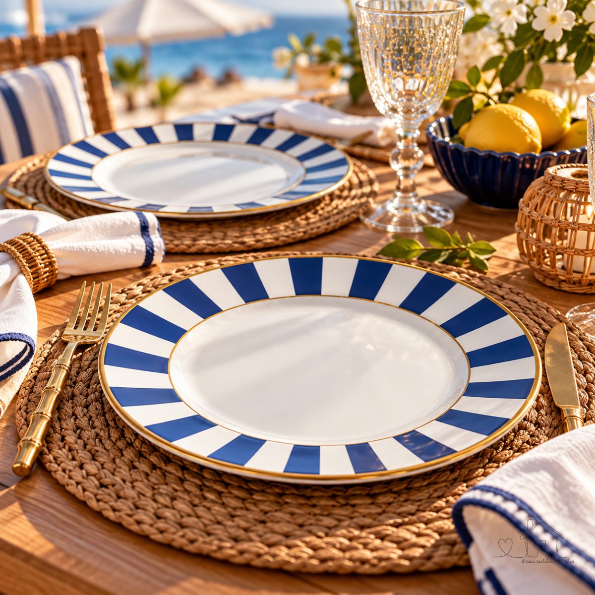 Conjunto 6 Pratos Rasos de Cerâmica Linha Stripe Azul Plus 29cm - Alleanza 1º Linha