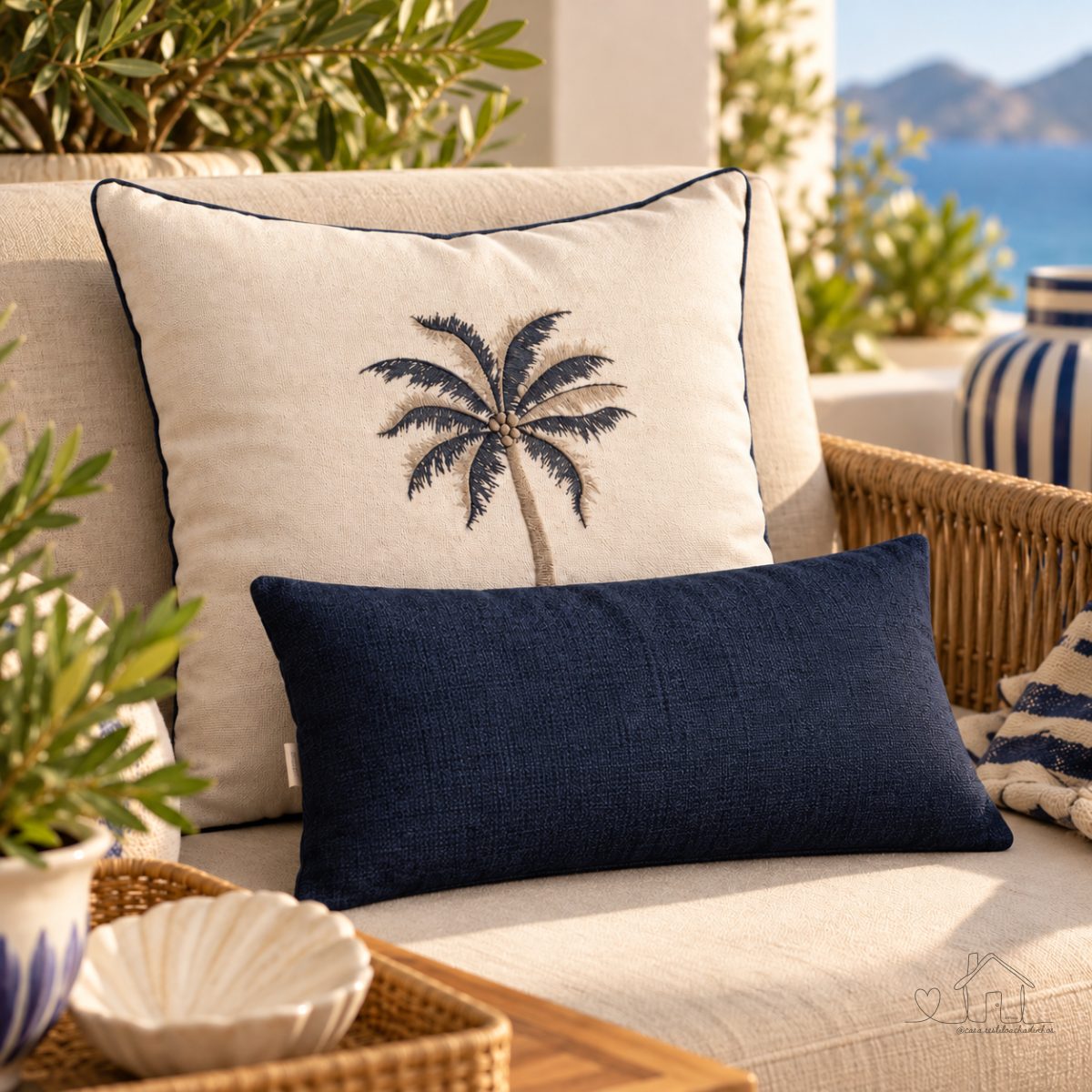 Kit Capa para Almofadas Premium Luxo Bordada Coqueiro Azul 45x45 cm e Retangular 30x50cm em Linho