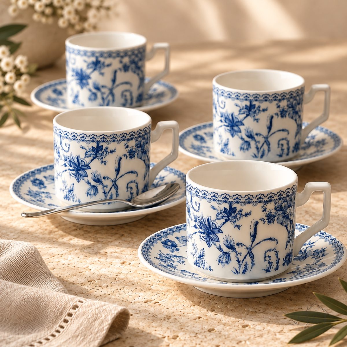 Jogo 4 Xícaras de Chá com Pires Porcelana New Bone Azul Hortênsia 90ml Luxo Mesa Posta Elegante