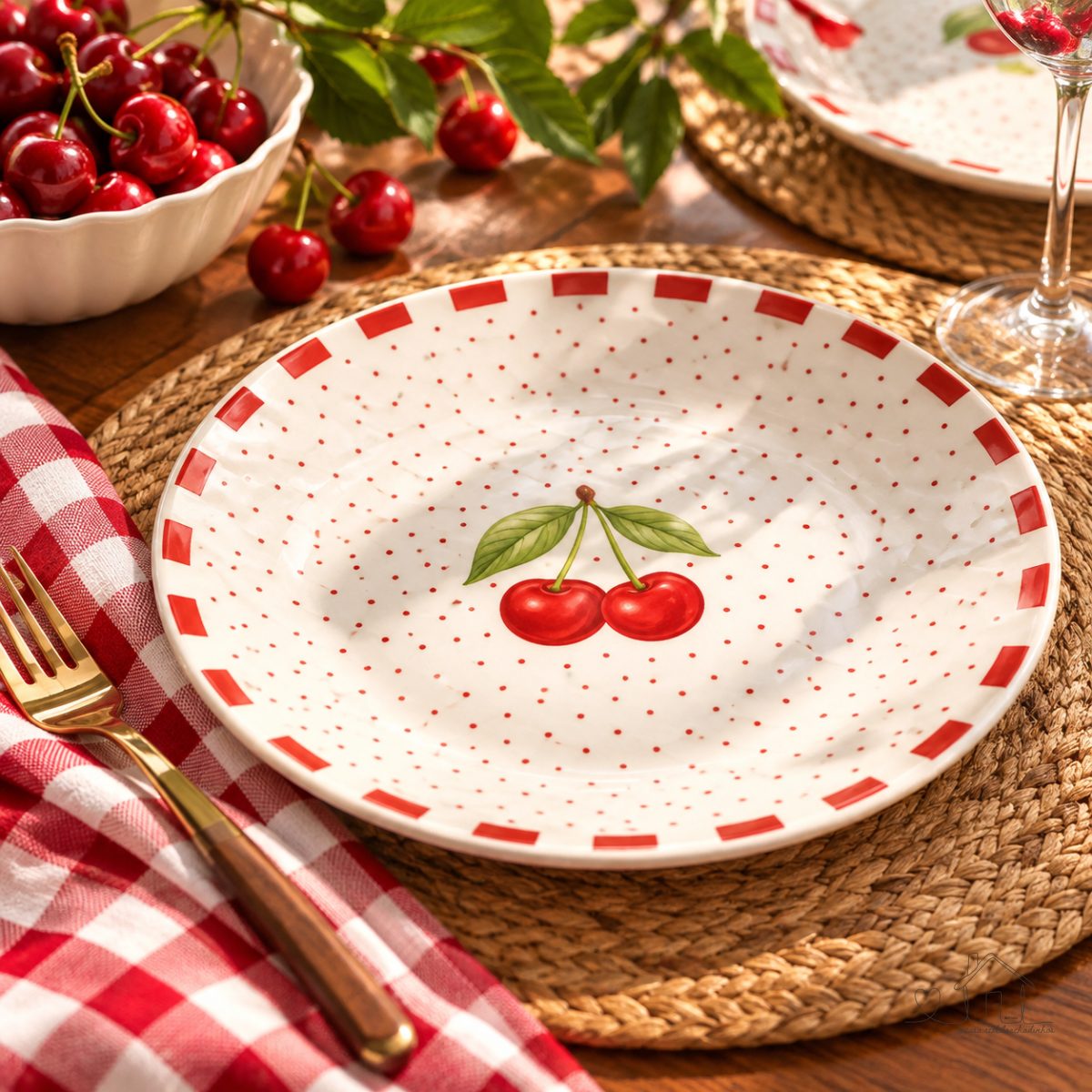 Jogo 6 Prato Raso de Cereja Amarena em Cerâmica Alleanza Branco e Vermelho Prato de Jantar